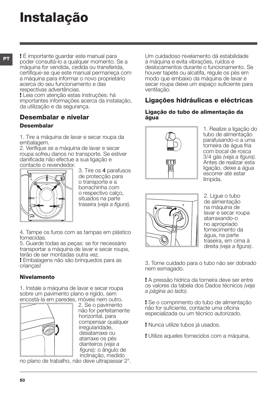 Instalação | Indesit PWDE-81473-W-(EU) User Manual | Page 50 / 72