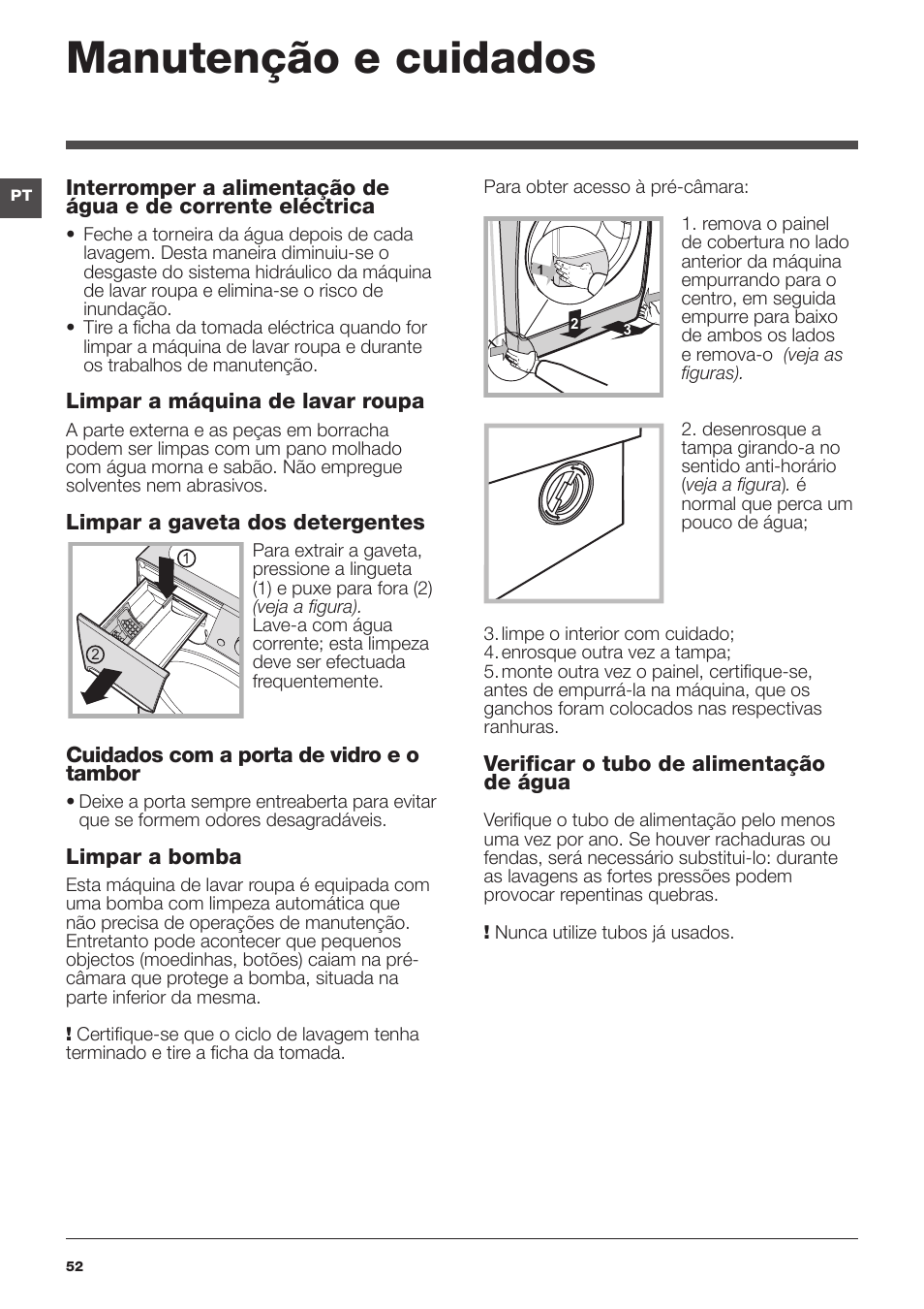Manutenção e cuidados | Indesit PWDE-81473-W-(EU) User Manual | Page 52 / 72