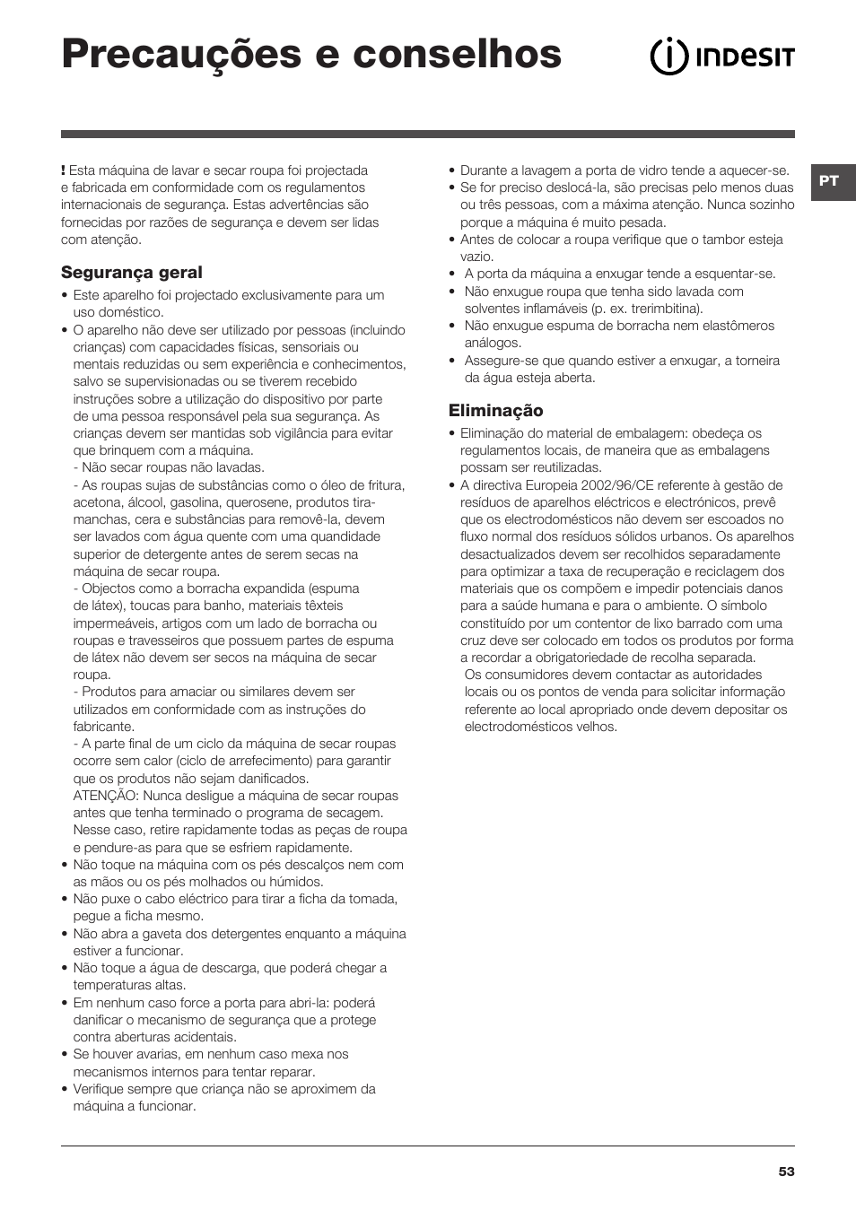 Precauções e conselhos | Indesit PWDE-81473-W-(EU) User Manual | Page 53 / 72