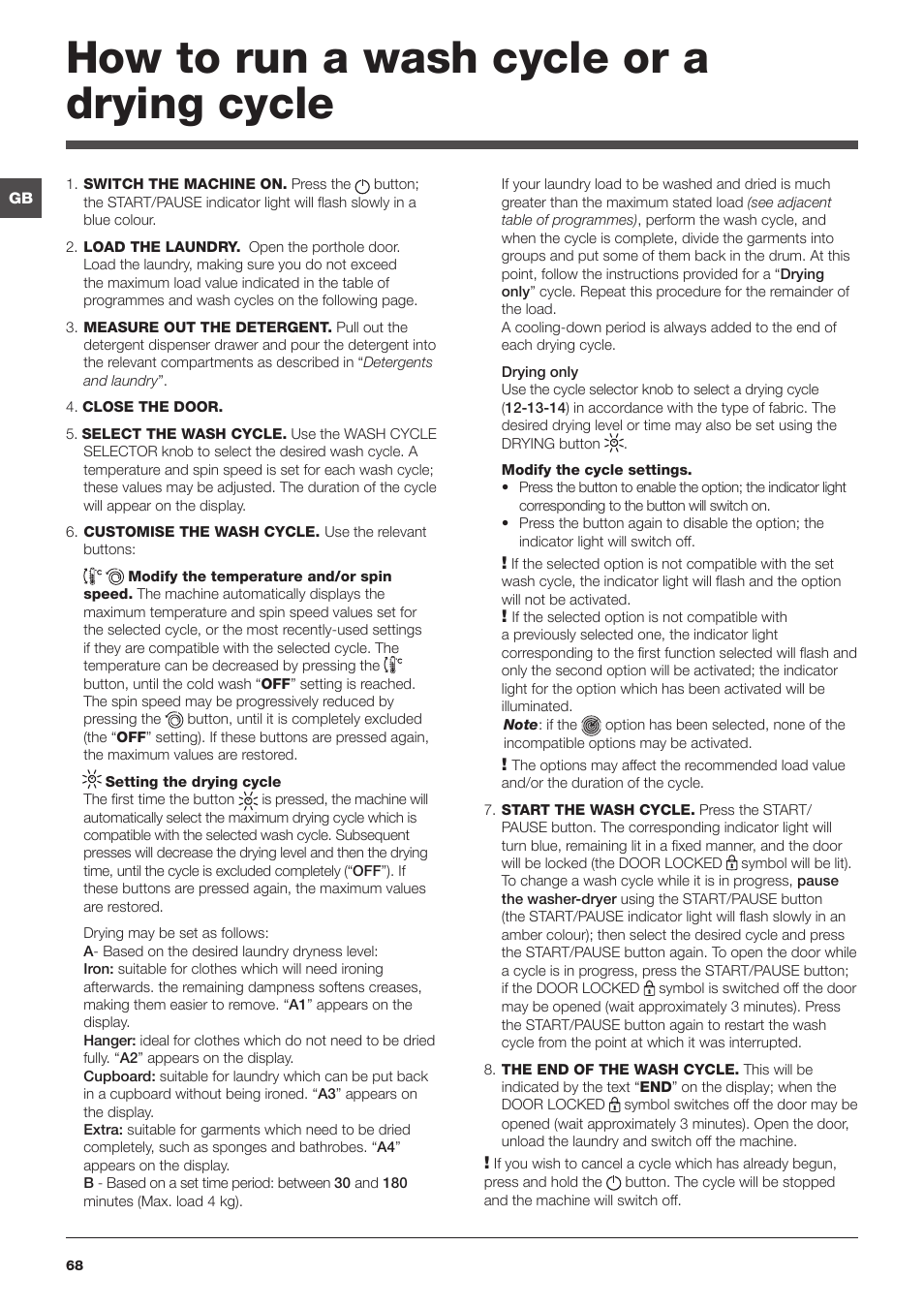 How to run a wash cycle or a drying cycle | Indesit PWDE-81473-W-(EU) User Manual | Page 68 / 72
