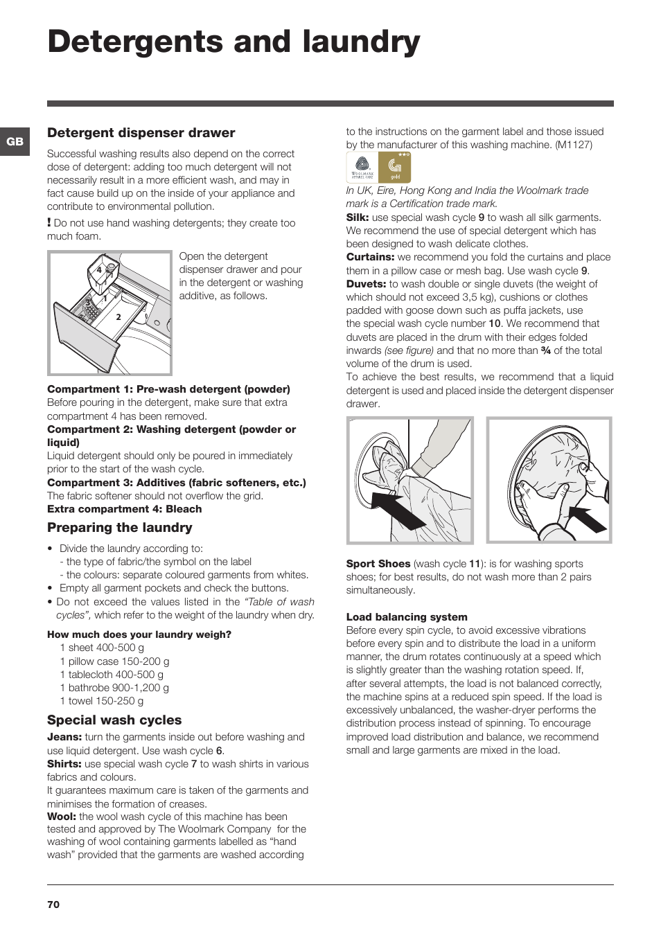 Detergents and laundry | Indesit PWDE-81473-W-(EU) User Manual | Page 70 / 72