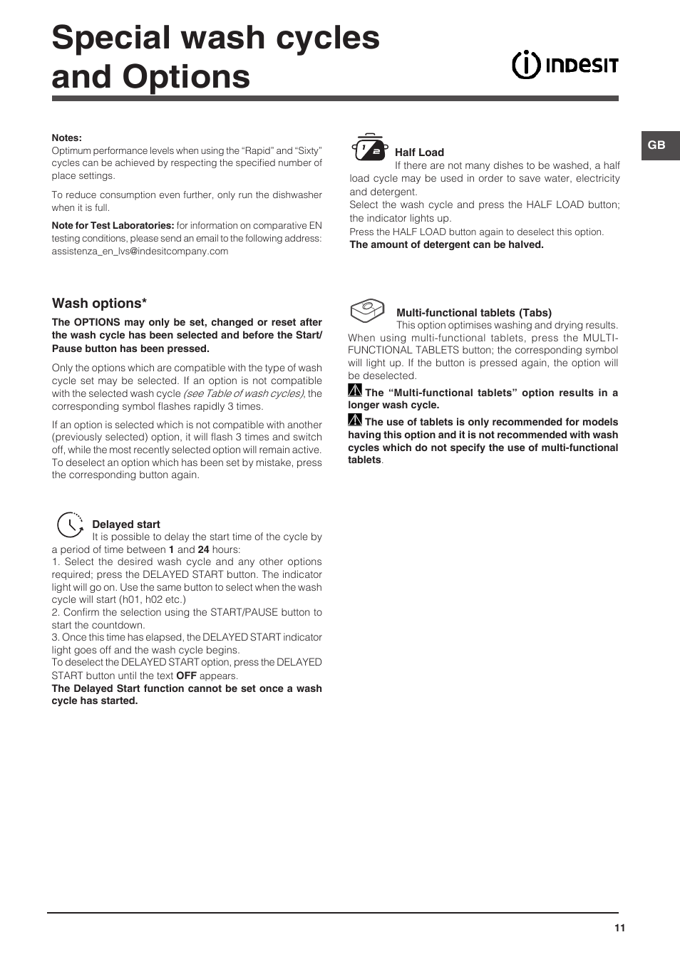 Special wash cycles and options | Indesit DFP-58T1-C-NX-EU User Manual | Page 11 / 44