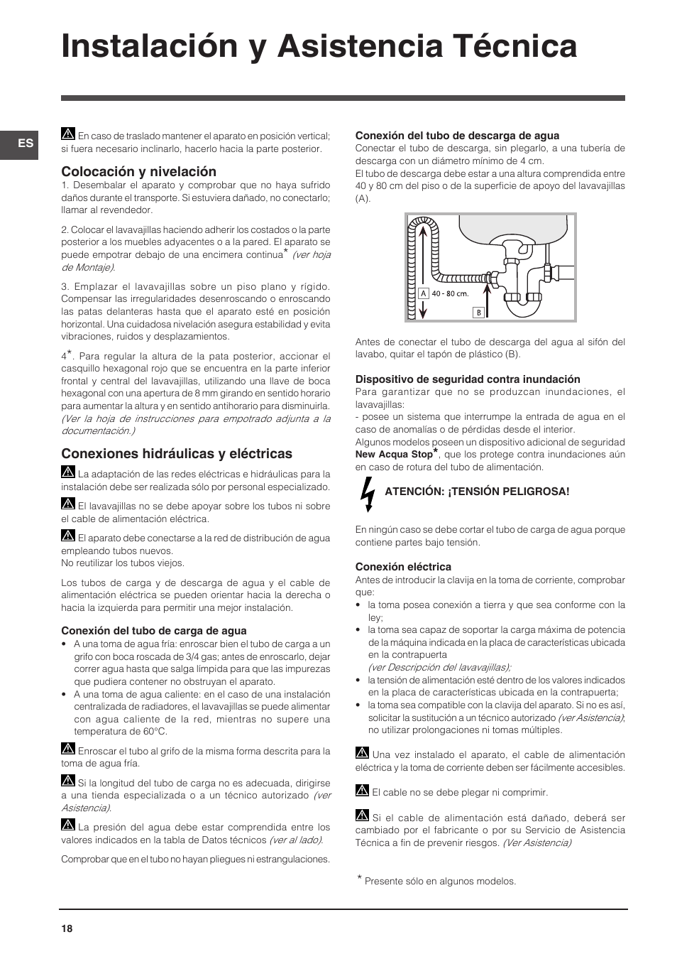Instalación y, Asistencia técnica, Colocación y nivelación | Conexiones hidráulicas y eléctricas | Indesit DFP-58T1-C-NX-EU User Manual | Page 18 / 44