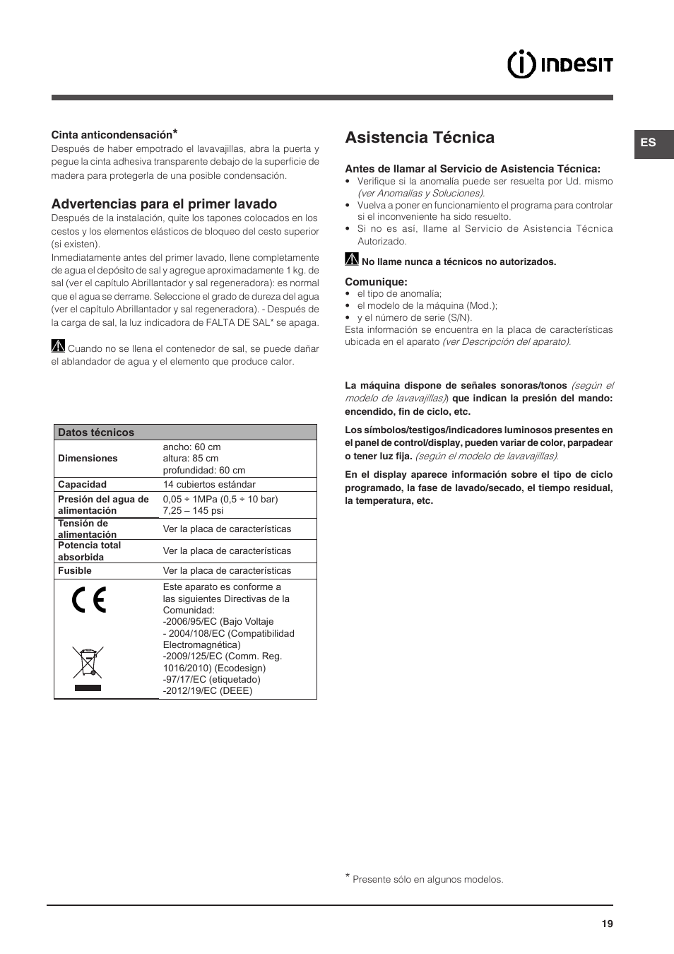 Asistencia técnica, Advertencias para el primer lavado | Indesit DFP-58T1-C-NX-EU User Manual | Page 19 / 44