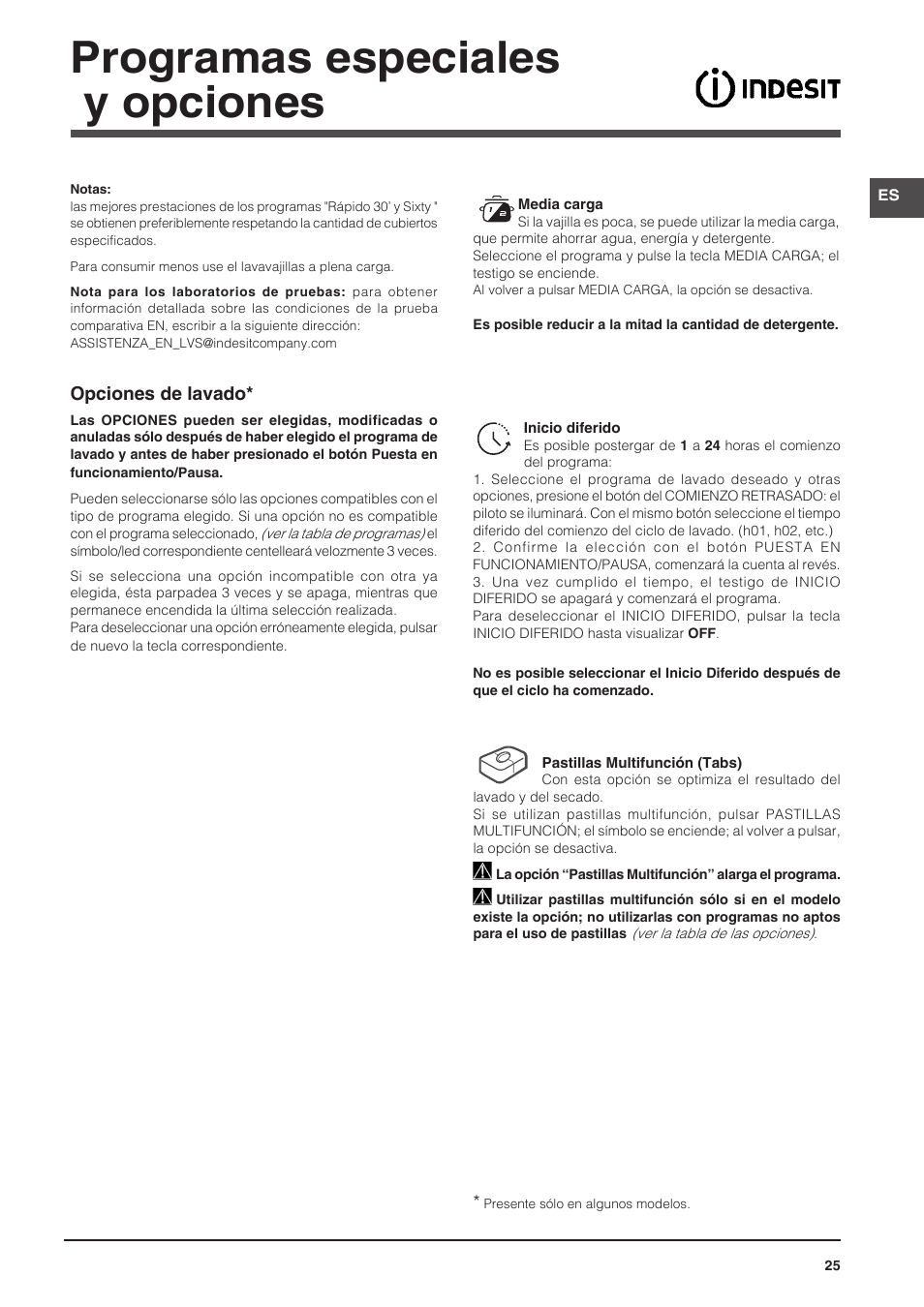 Programas especiales y opciones | Indesit DFP-58T1-C-NX-EU User Manual | Page 25 / 44