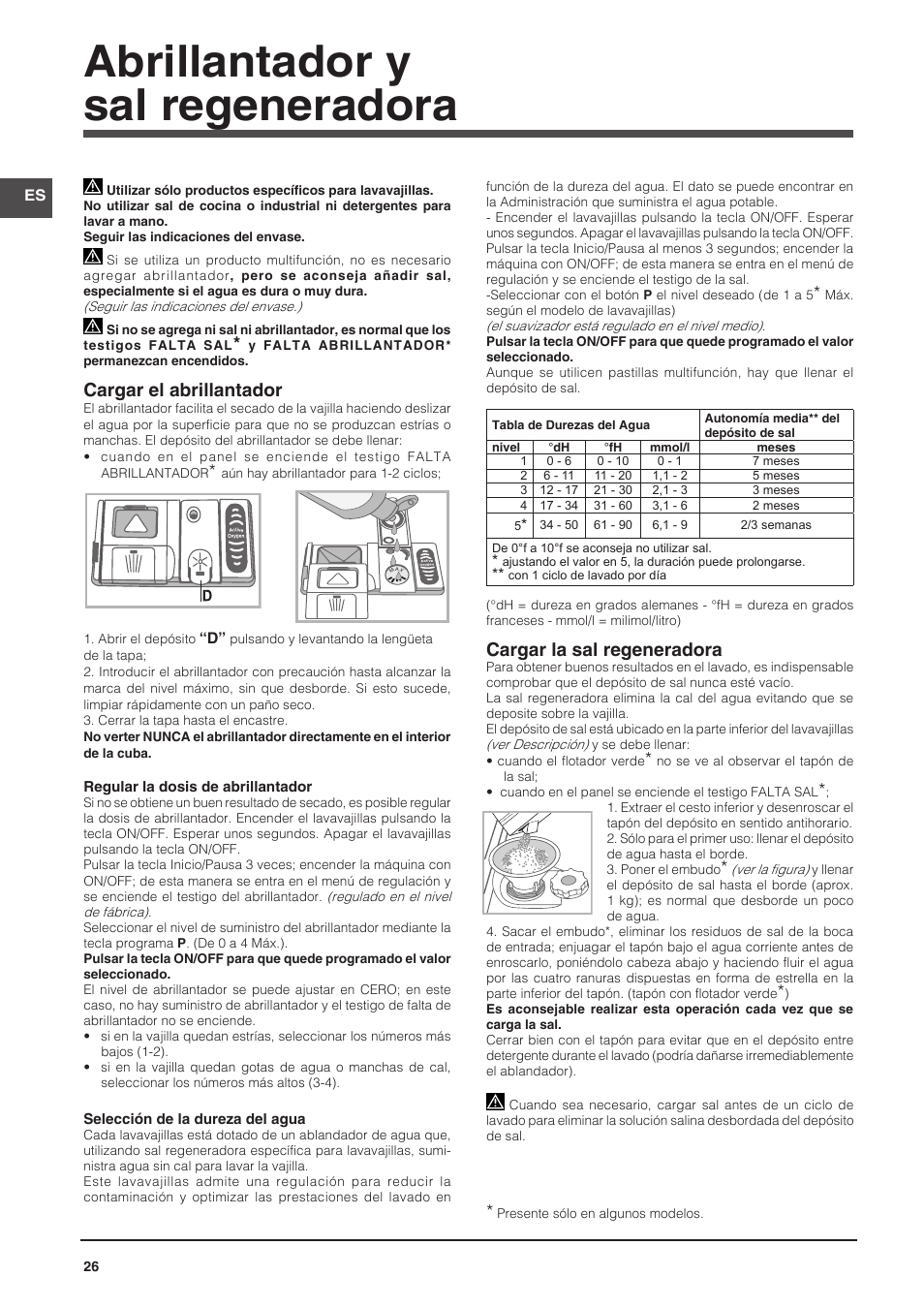 Abrillantador y sal regeneradora, Cargar el abrillantador, Cargar la sal regeneradora | Indesit DFP-58T1-C-NX-EU User Manual | Page 26 / 44