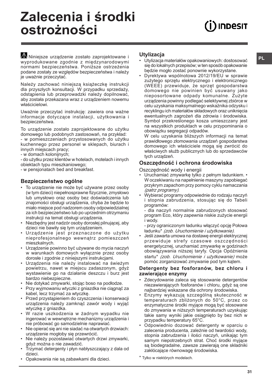 Zalecenia i środki ostrożności | Indesit DFP-58T1-C-NX-EU User Manual | Page 31 / 44