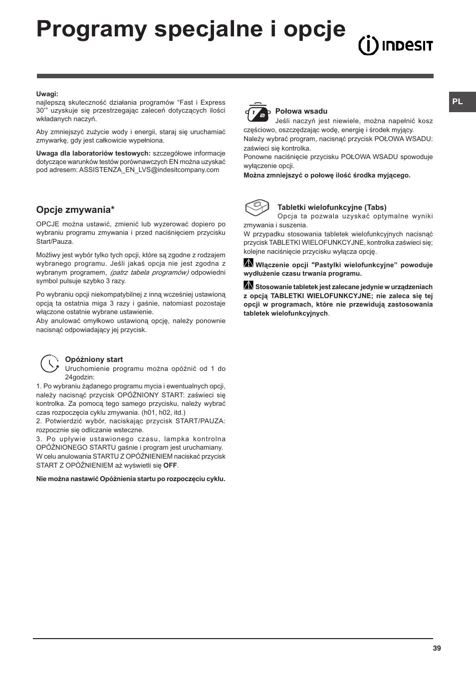 Programy specjalne i opcje, Opcje zmywania | Indesit DFP-58T1-C-NX-EU User Manual | Page 39 / 44