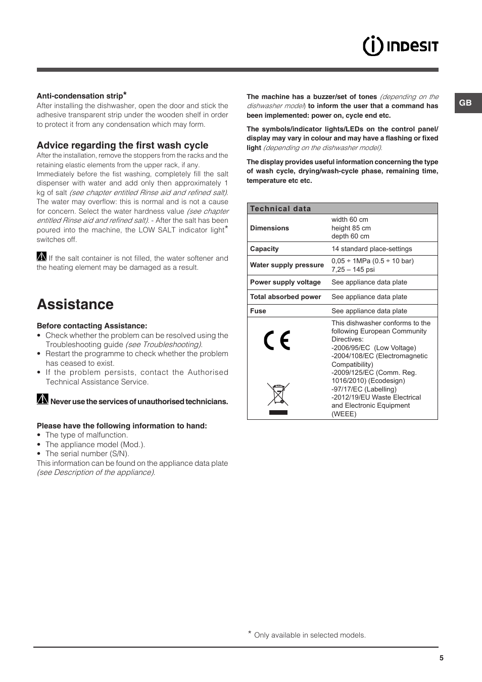 Assistance, Advice regarding the first wash cycle | Indesit DFP-58T1-C-NX-EU User Manual | Page 5 / 44