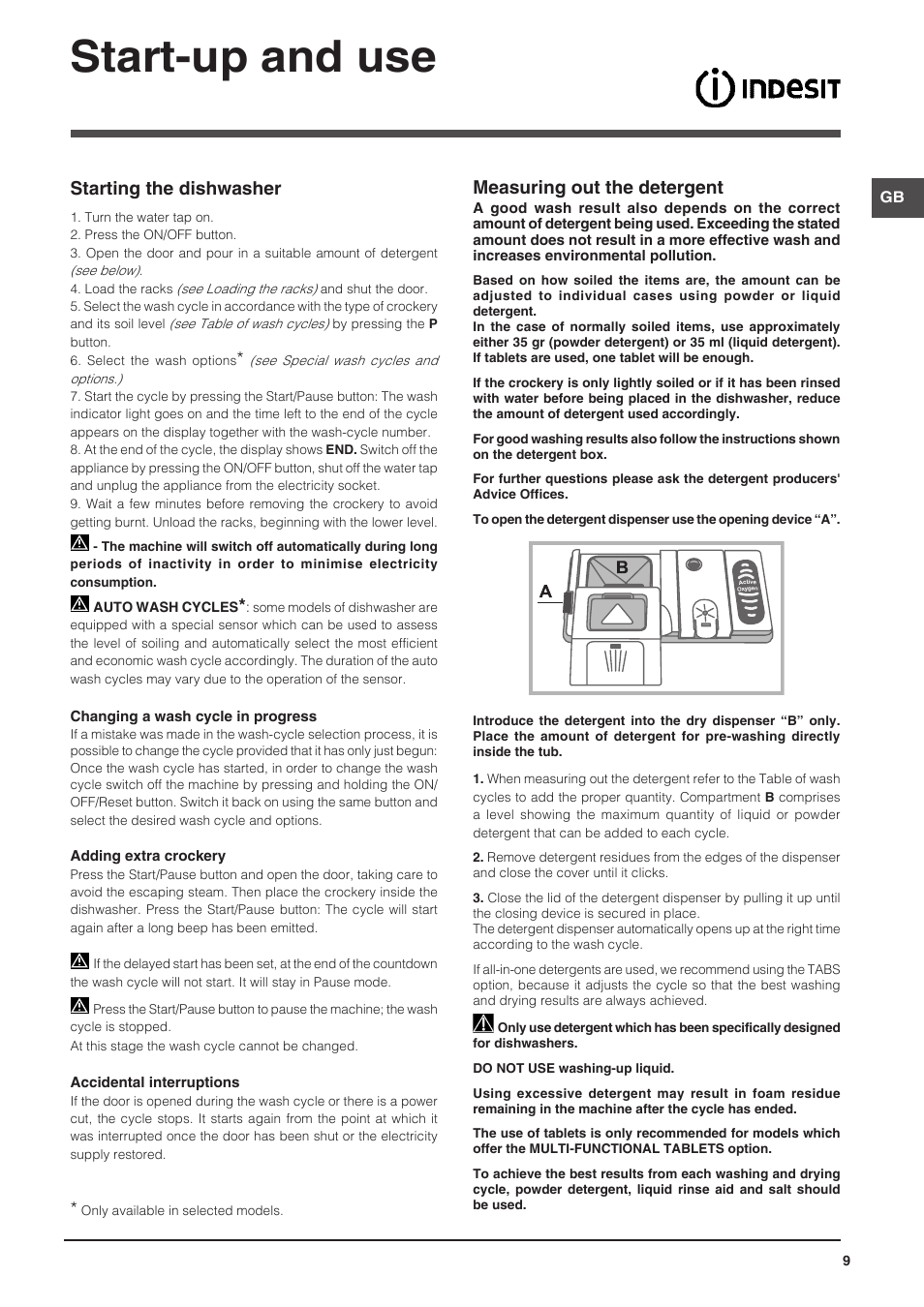 Start-up and use, Measuring out the detergent, Starting the dishwasher | Indesit DFP-58T1-C-NX-EU User Manual | Page 9 / 44