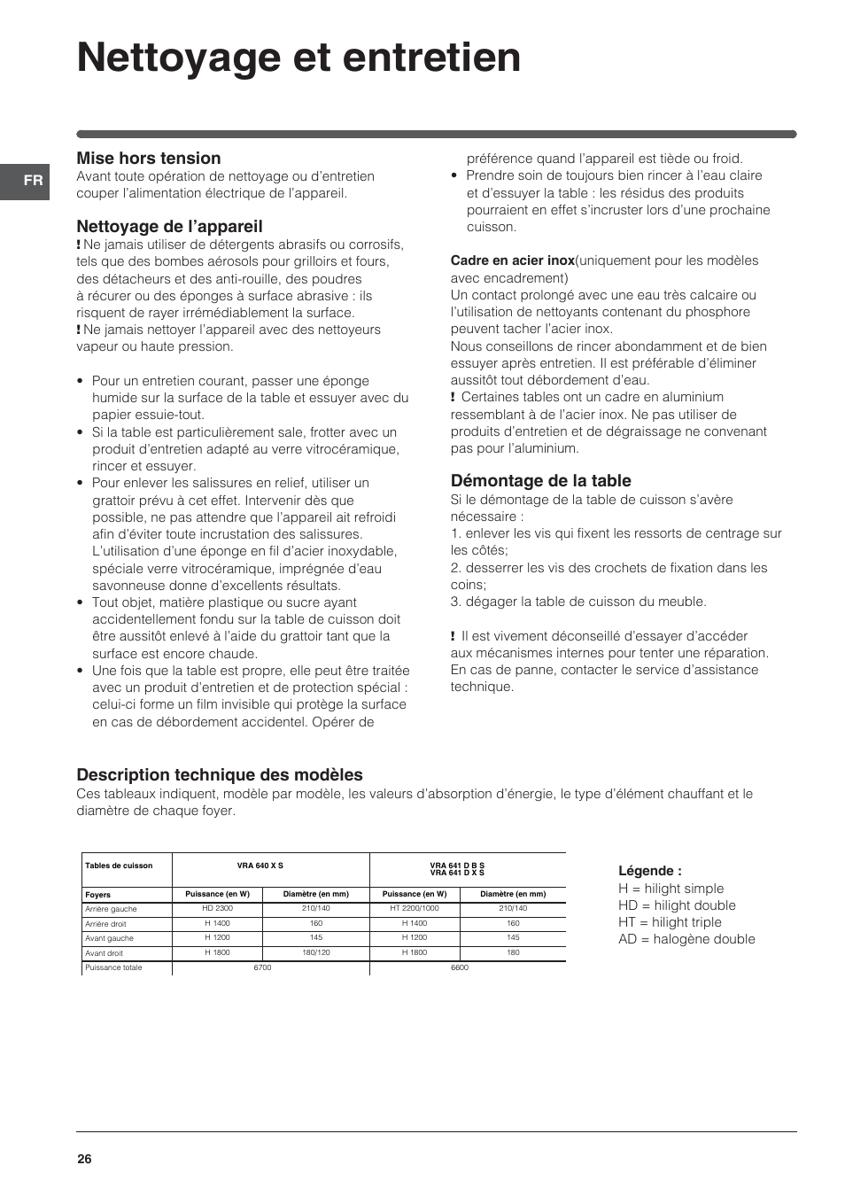 Nettoyage et entretien, Mise hors tension, Nettoyage de l’appareil | Démontage de la table, Description technique des modèles | Indesit VRA-640-C-(PT)-S User Manual | Page 26 / 84