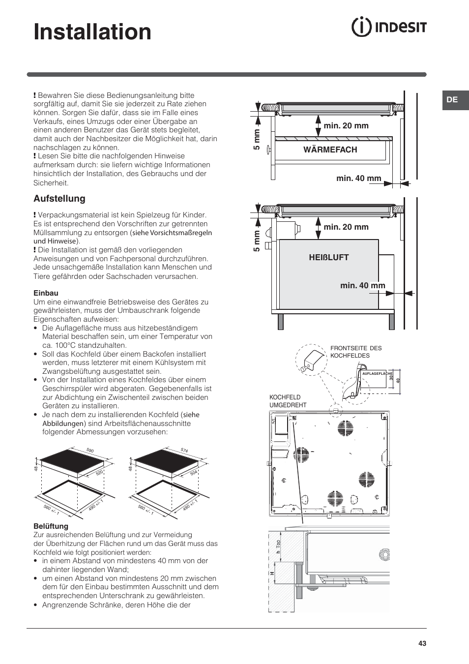 Installation, Aufstellung | Indesit VRA-640-C-(PT)-S User Manual | Page 43 / 84