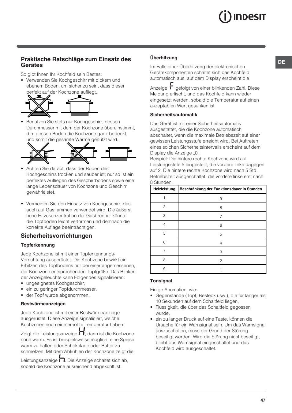 Praktische ratschläge zum einsatz des gerätes, Sicherheitsvorrichtungen | Indesit VRA-640-C-(PT)-S User Manual | Page 47 / 84