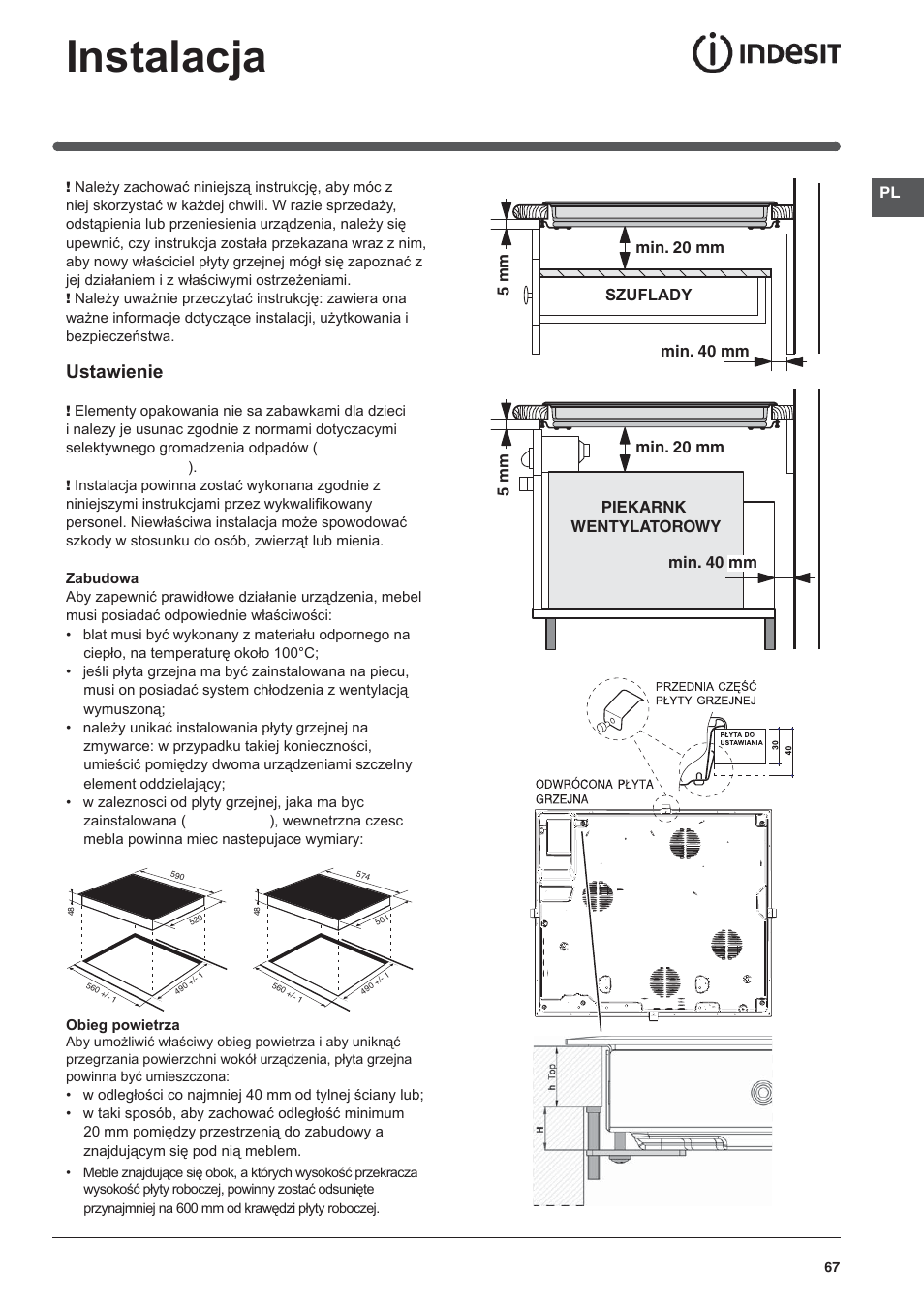 Instalacja, Ustawienie | Indesit VRA-640-C-(PT)-S User Manual | Page 67 / 84