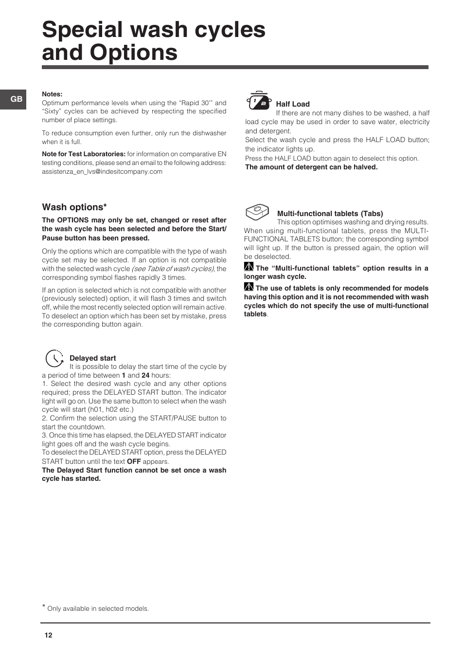 Special wash cycles and options | Indesit DFP-58B1-NX-EU User Manual | Page 12 / 48