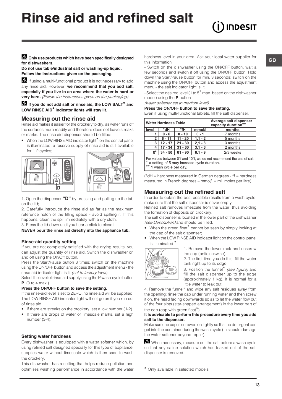 Rinse aid and refined salt, Measuring out the rinse aid, Measuring out the refined salt | Indesit DFP-58B1-NX-EU User Manual | Page 13 / 48