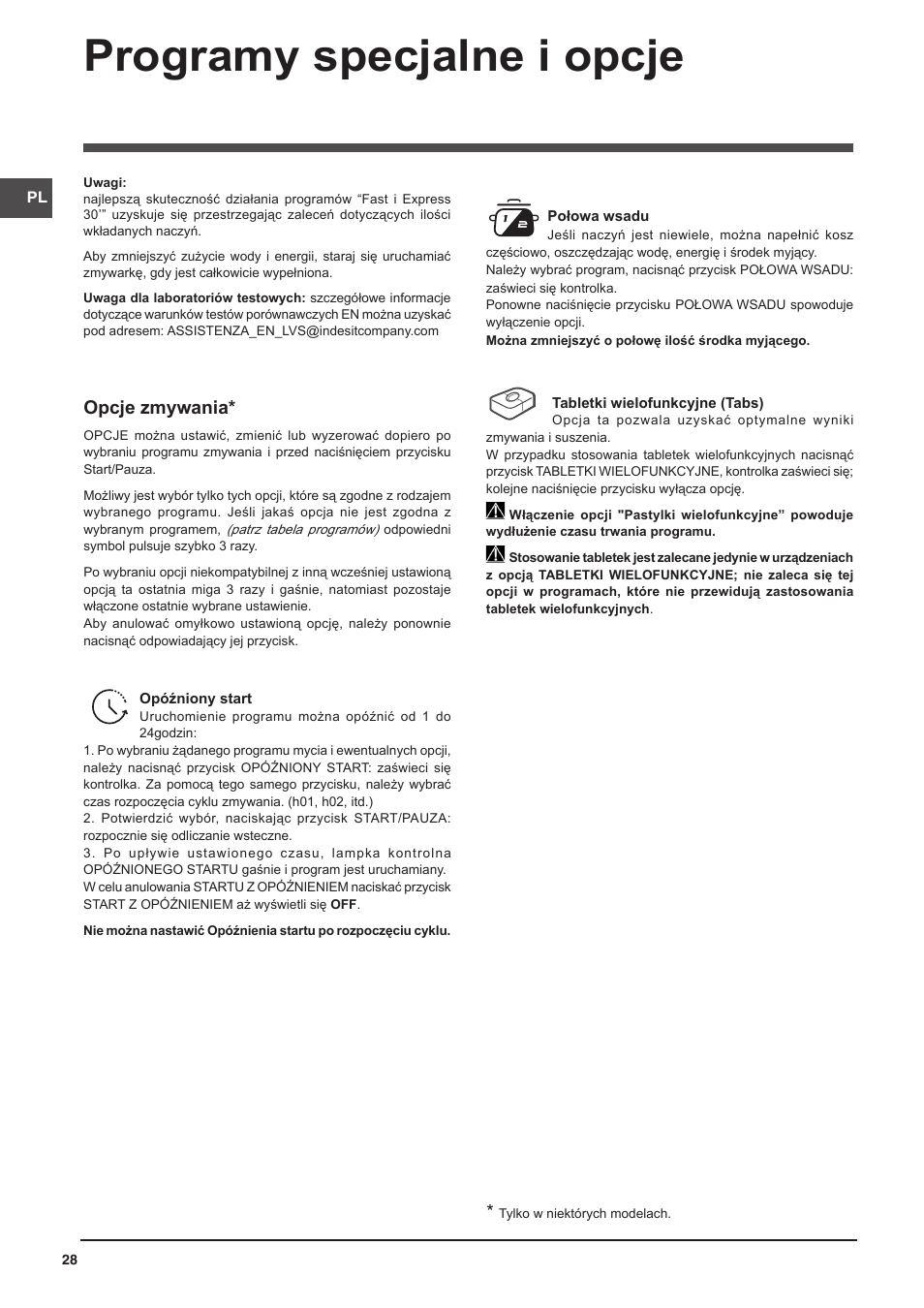 Programy specjalne i opcje, Opcje zmywania | Indesit DFP-58B1-NX-EU User Manual | Page 28 / 48