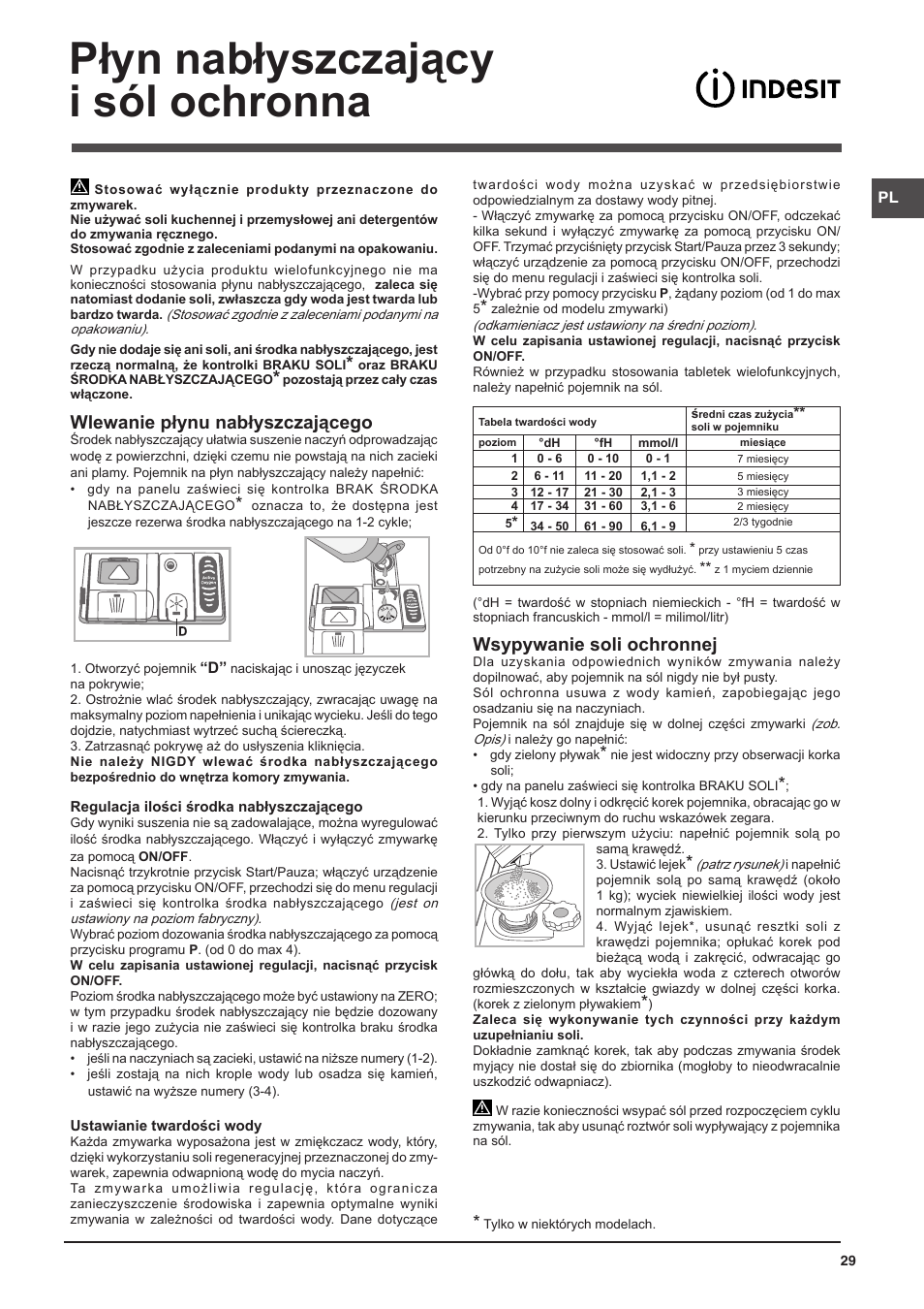 Płyn nabłyszczający i sól ochronna, Wlewanie płynu nabłyszczającego, Wsypywanie soli ochronnej | Indesit DFP-58B1-NX-EU User Manual | Page 29 / 48