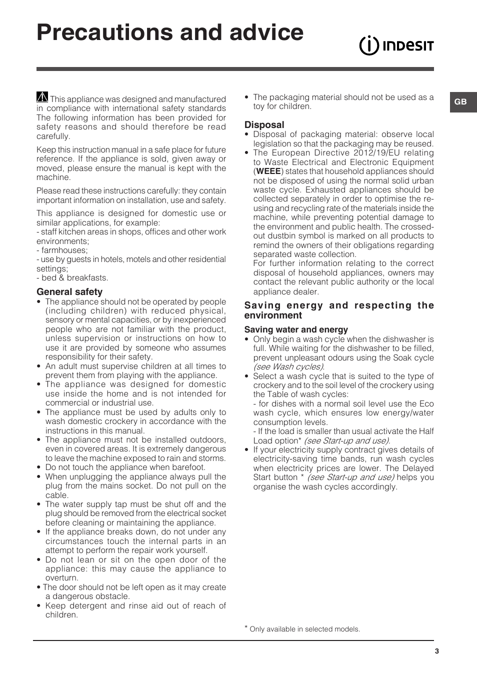 Precautions and advice | Indesit DFP-58B1-NX-EU User Manual | Page 3 / 48