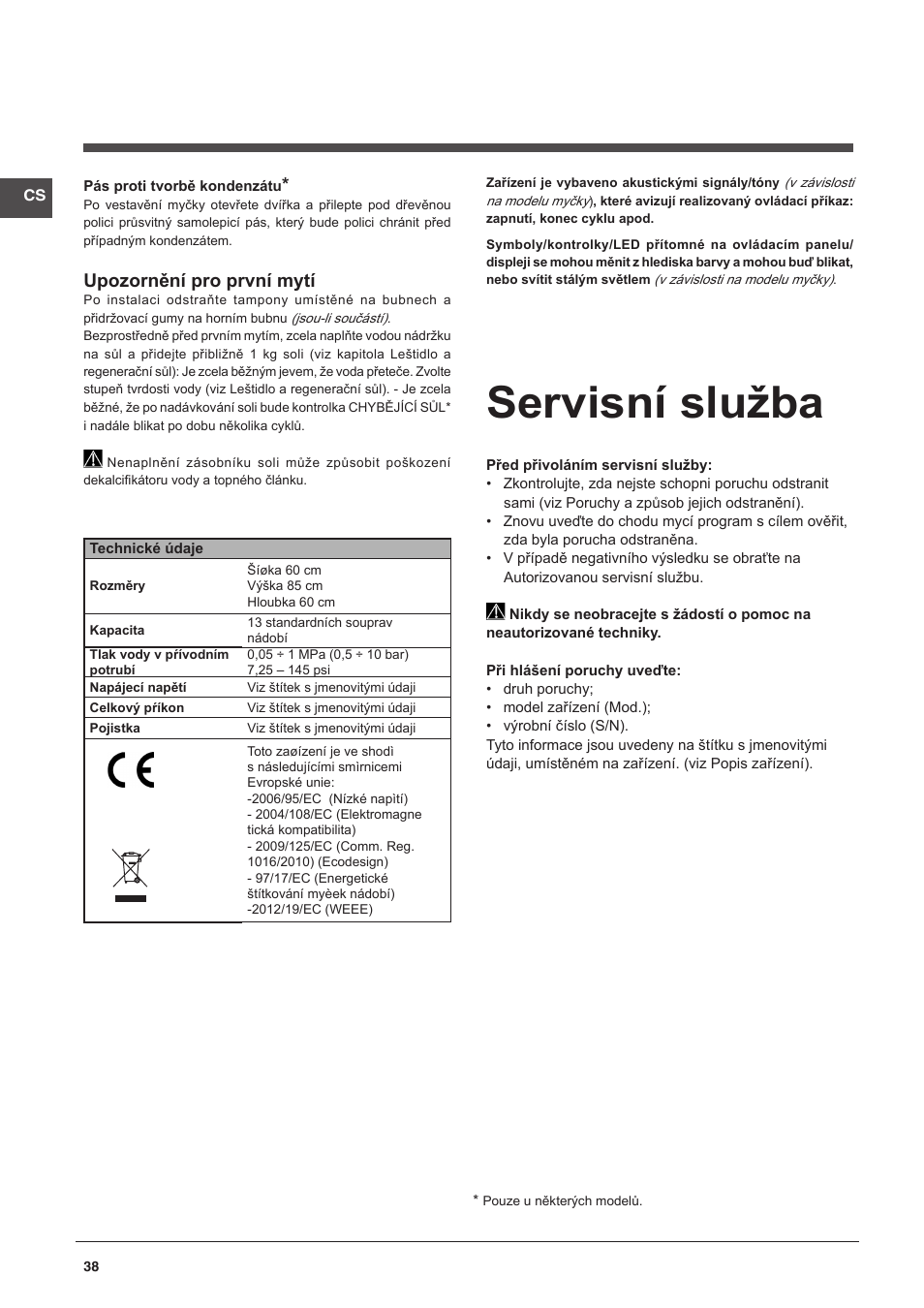Servisní služba, Upozornění pro první mytí | Indesit DFP-58B1-NX-EU User Manual | Page 38 / 48