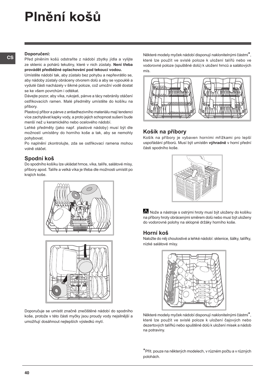 Plnění košů, Spodní koš, Košík na příbory | Horní koš | Indesit DFP-58B1-NX-EU User Manual | Page 40 / 48