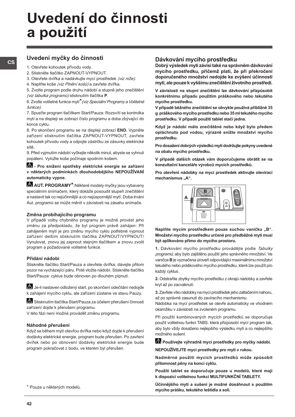 Uvedení do činnosti a použití, Dávkování mycího prostředku, Uvedení myčky do činnosti | Indesit DFP-58B1-NX-EU User Manual | Page 42 / 48