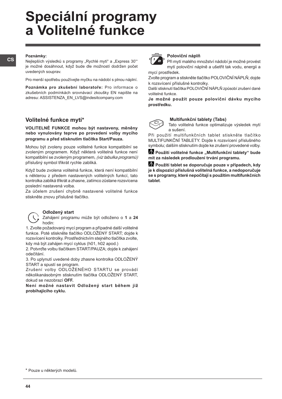 Speciální programy a volitelné funkce, Volitelné funkce mytí | Indesit DFP-58B1-NX-EU User Manual | Page 44 / 48