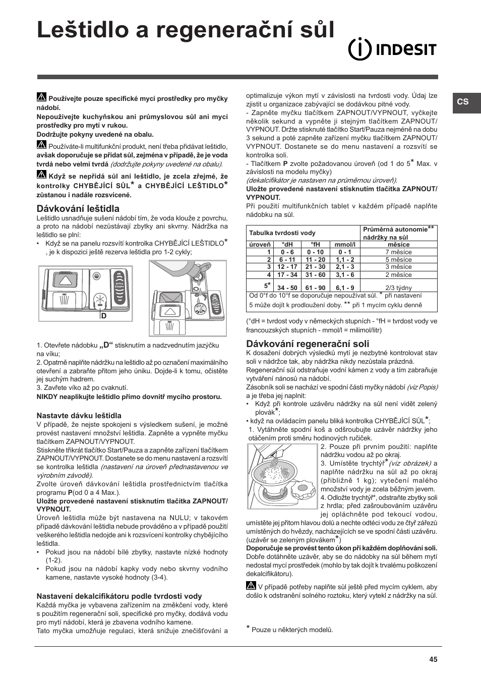 Leštidlo a regenerační sůl, Dávkování leštidla, Dávkování regenerační soli | Indesit DFP-58B1-NX-EU User Manual | Page 45 / 48