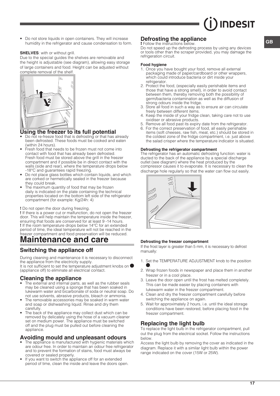 Maintenance and care, 12 using the freezer to its full potential, Switching the appliance off | Cleaning the appliance, Avoiding mould and unpleasant odours, Defrosting the appliance, Replacing the light bulb | Indesit RAA-24-S-(0) User Manual | Page 17 / 64