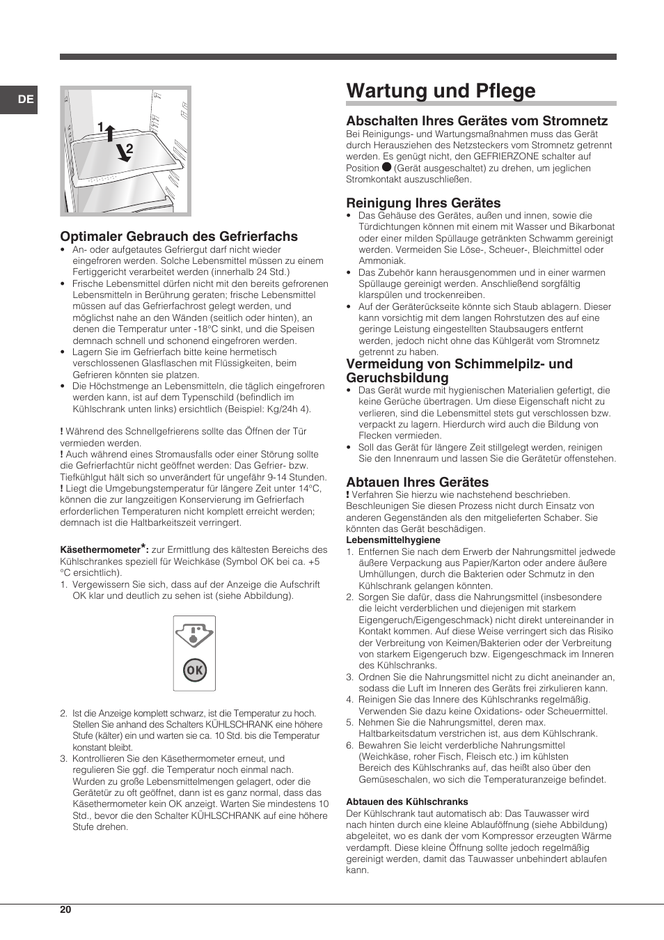 Wartung und pflege, 12 optimaler gebrauch des gefrierfachs, Abschalten ihres gerätes vom stromnetz | Reinigung ihres gerätes, Vermeidung von schimmelpilz- und geruchsbildung, Abtauen ihres gerätes | Indesit RAA-24-S-(0) User Manual | Page 20 / 64