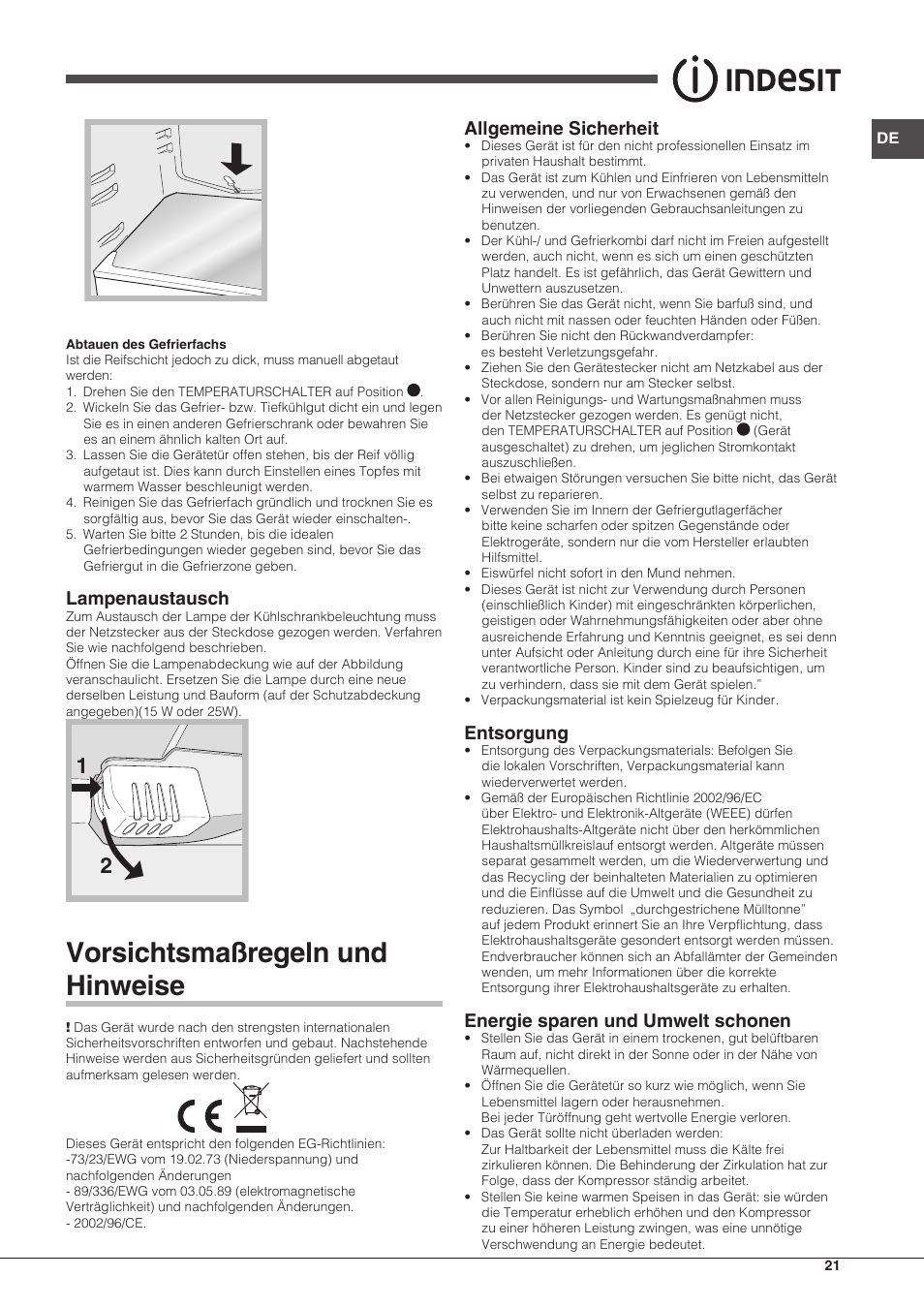 Vorsichtsmaßregeln und hinweise, Lampenaustausch, Allgemeine sicherheit | Entsorgung, Energie sparen und umwelt schonen | Indesit RAA-24-S-(0) User Manual | Page 21 / 64
