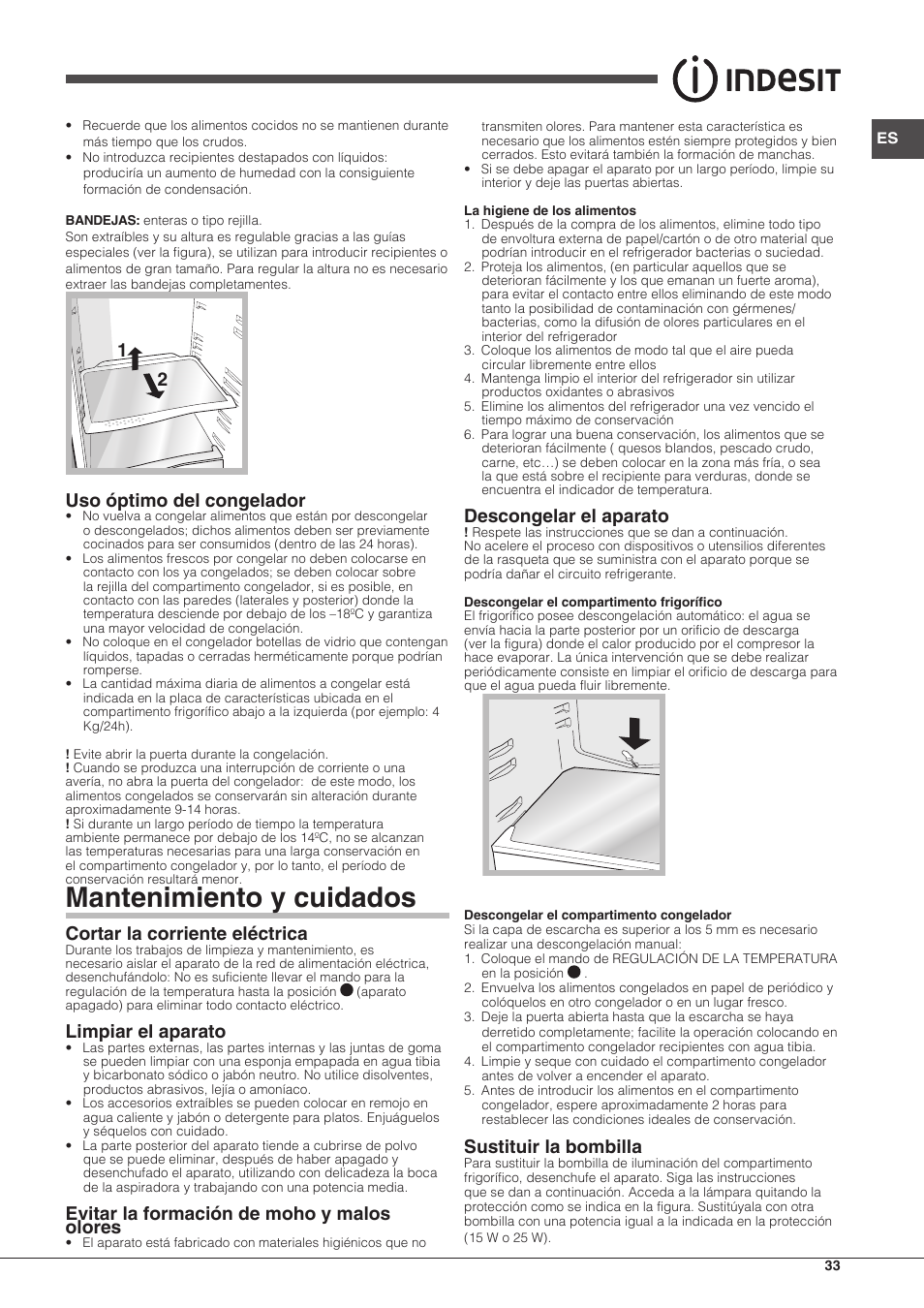 Mantenimiento y cuidados, 12 uso óptimo del congelador, Cortar la corriente eléctrica | Limpiar el aparato, Evitar la formación de moho y malos olores, Descongelar el aparato, Sustituir la bombilla | Indesit RAA-24-S-(0) User Manual | Page 33 / 64