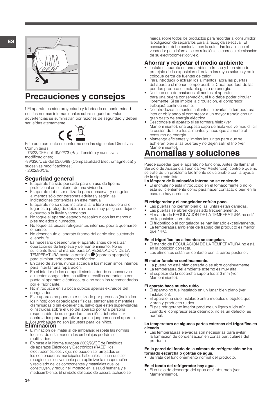 Precauciones y consejos, Anomalías y soluciones, Seguridad general | Eliminación, Ahorrar y respetar el medio ambiente | Indesit RAA-24-S-(0) User Manual | Page 34 / 64
