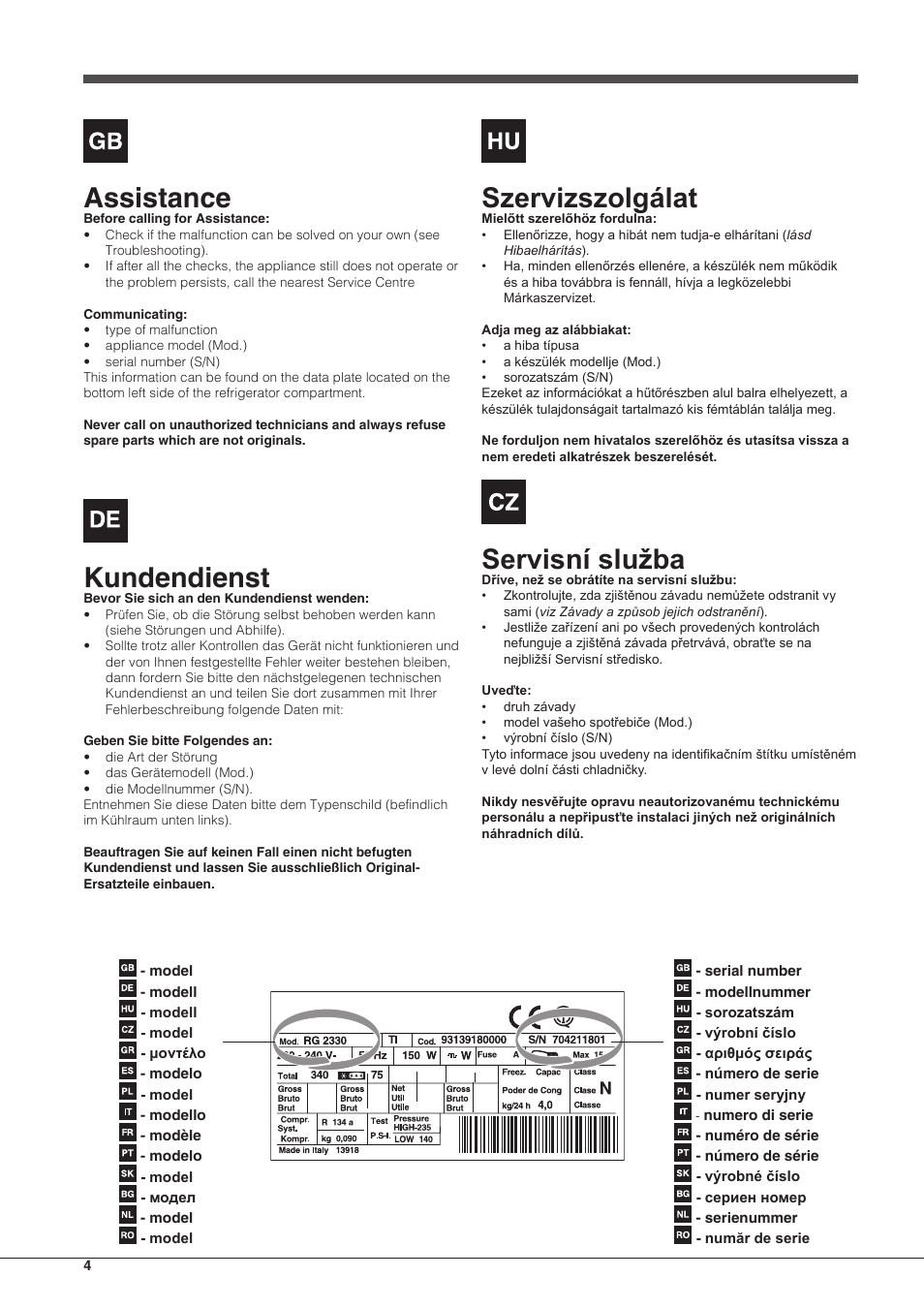 Assistance, Kundendienst, Szervizszolgálat | Servisní služba | Indesit RAA-24-S-(0) User Manual | Page 4 / 64