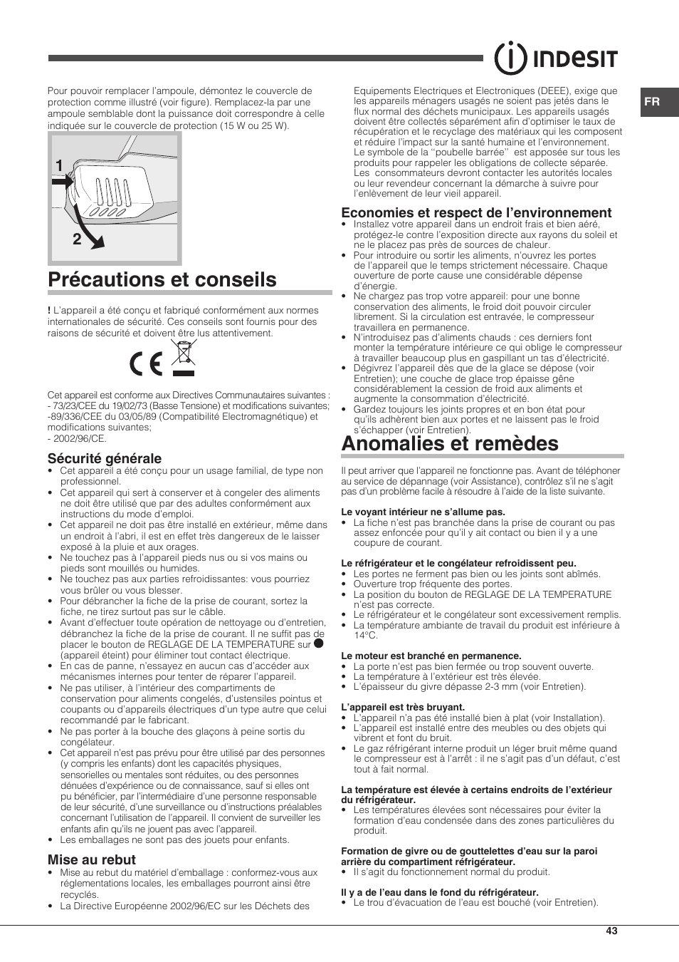 Précautions et conseils, Anomalies et remèdes, Sécurité générale | Mise au rebut, Economies et respect de l’environnement | Indesit RAA-24-S-(0) User Manual | Page 43 / 64