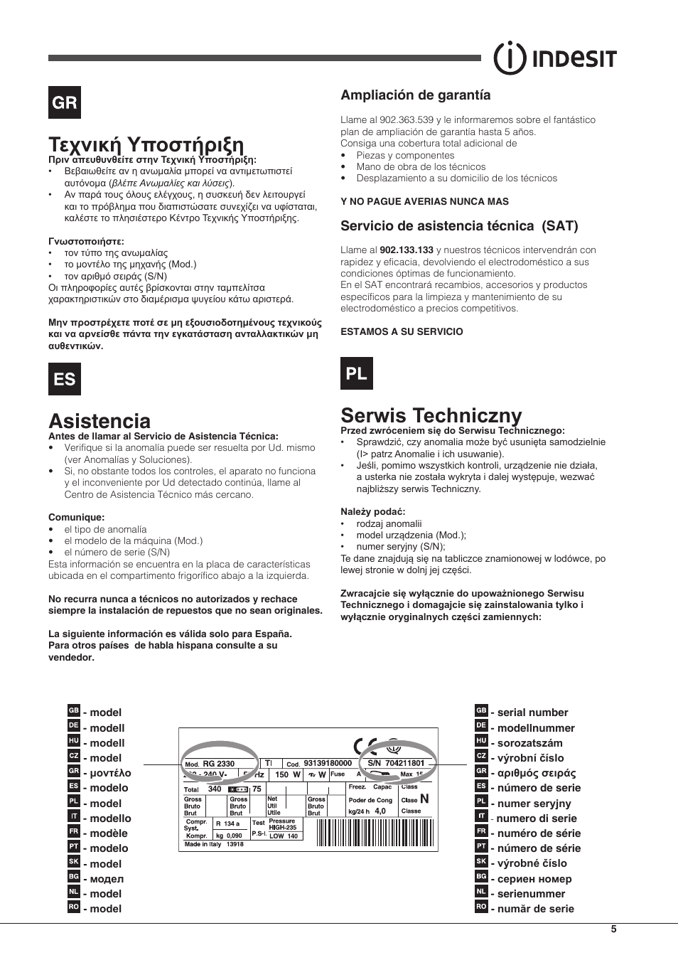 Τεχνική υποστήριξη, Asistencia, Serwis techniczny | Ampliación de garantía, Servicio de asistencia técnica (sat) | Indesit RAA-24-S-(0) User Manual | Page 5 / 64