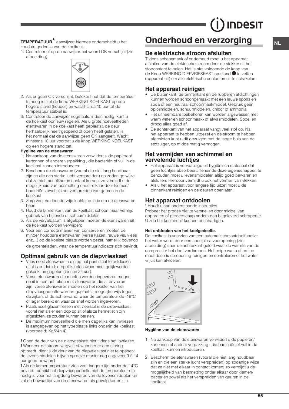 Onderhoud en verzorging, Optimaal gebruik van de diepvrieskast, De elektrische stroom afsluiten | Het apparaat reinigen, Het vermijden van schimmel en vervelende luchtjes, Het apparaat ontdooien | Indesit RAA-24-S-(0) User Manual | Page 55 / 64
