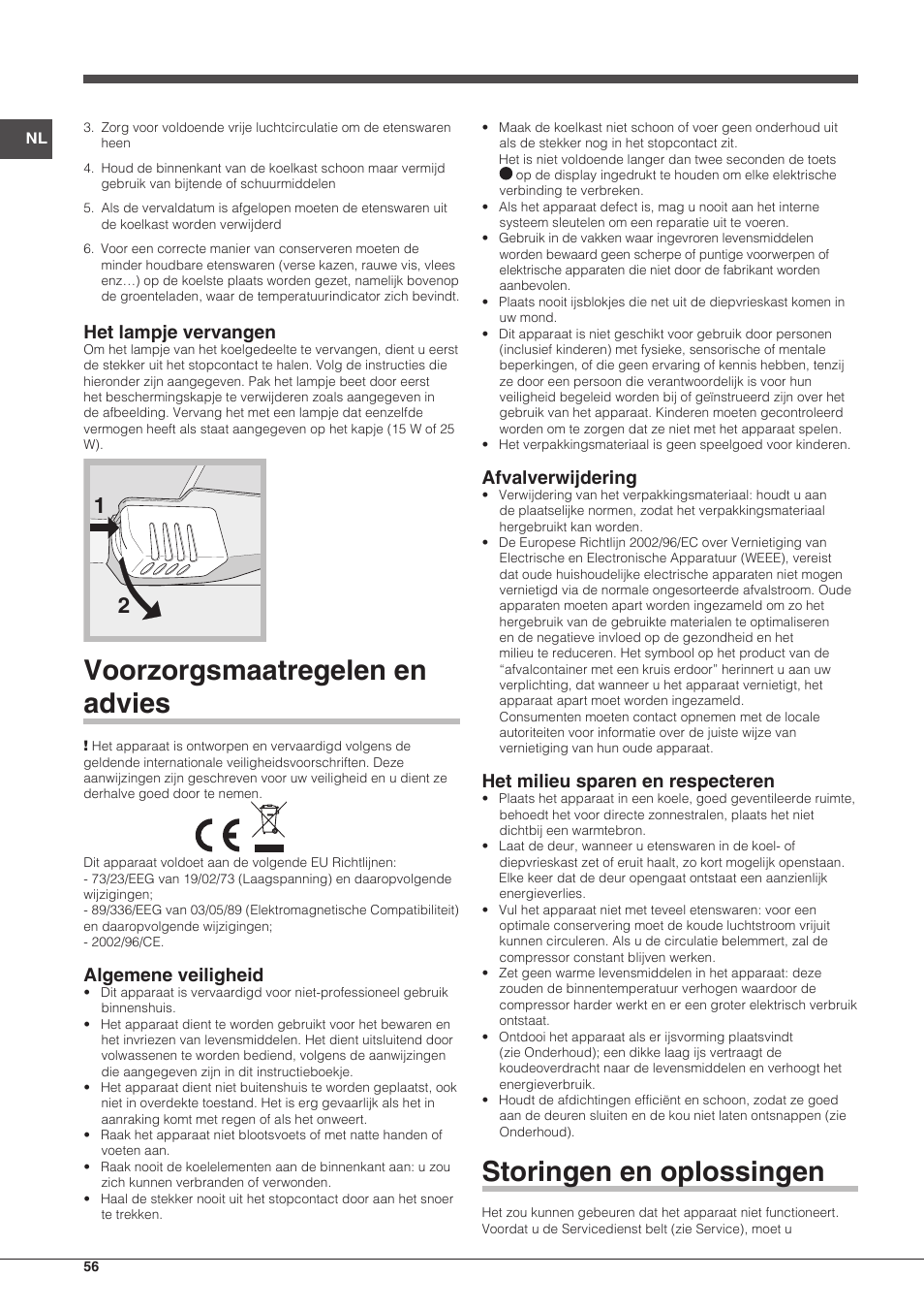 Voorzorgsmaatregelen en advies, Storingen en oplossingen, Het lampje vervangen | Algemene veiligheid, Afvalverwijdering, Het milieu sparen en respecteren | Indesit RAA-24-S-(0) User Manual | Page 56 / 64