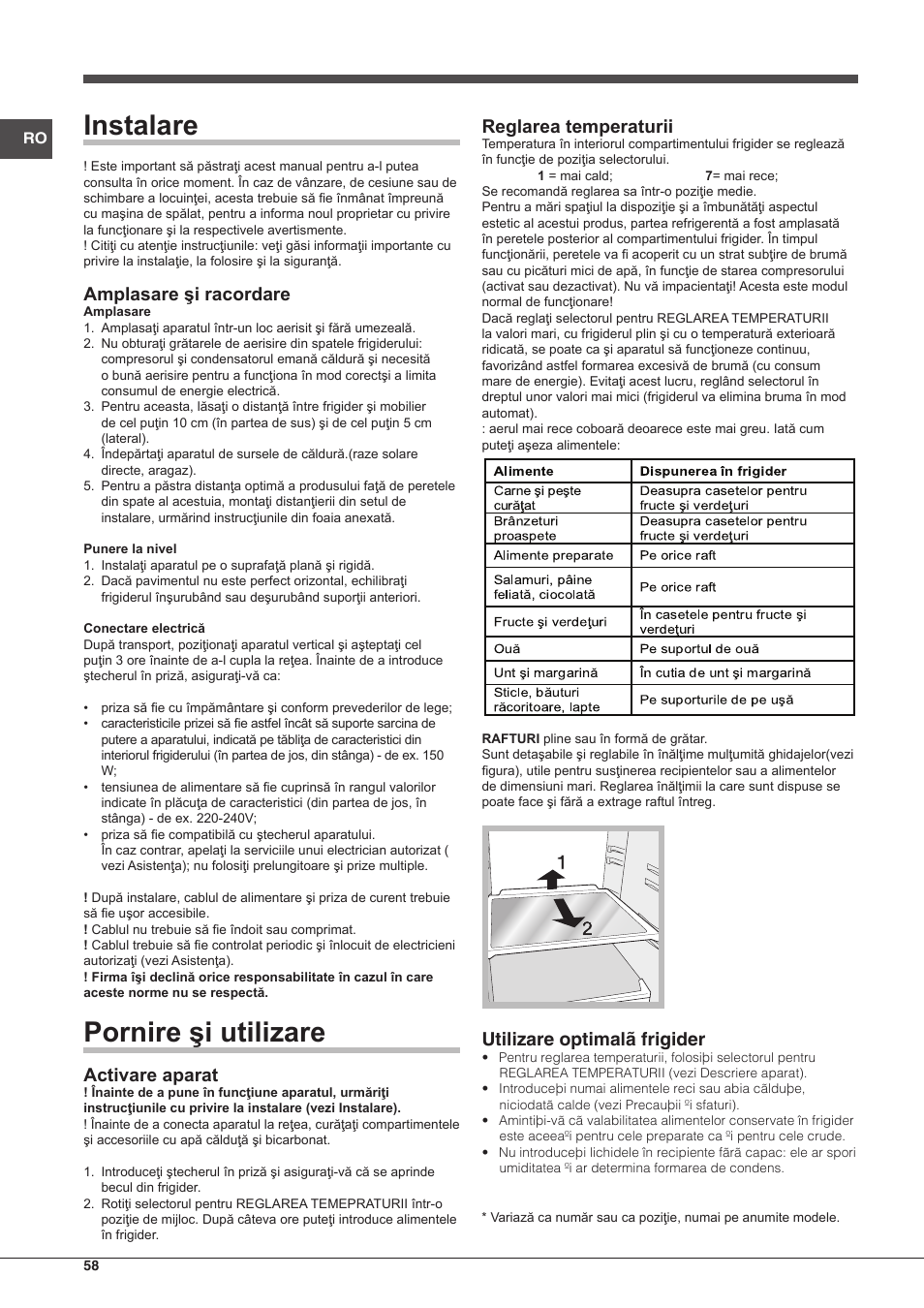 Instalare, Pornire şi utilizare, Amplasare şi racordare | Activare aparat, Reglarea temperaturii, Utilizare optimalã frigider | Indesit RAA-24-S-(0) User Manual | Page 58 / 64