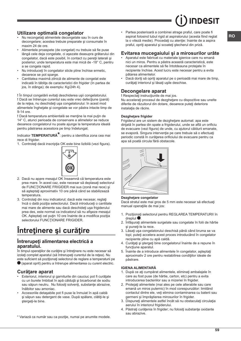Întreţinere şi curăţire, Utilizare optimală congelator, Întrerupeţi alimentarea electrică a aparatului | Curăţare aparat, Evitarea mucegaiului şi a mirosurilor urâte, Decongelare aparat | Indesit RAA-24-S-(0) User Manual | Page 59 / 64