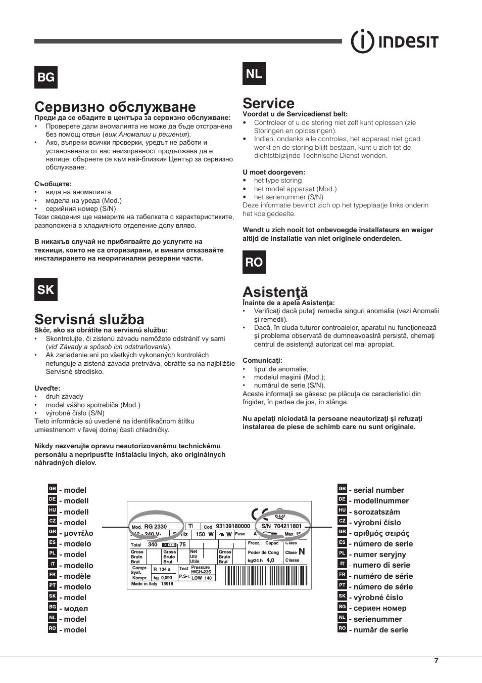 Servisná služba, Service, Asistenţă | Indesit RAA-24-S-(0) User Manual | Page 7 / 64