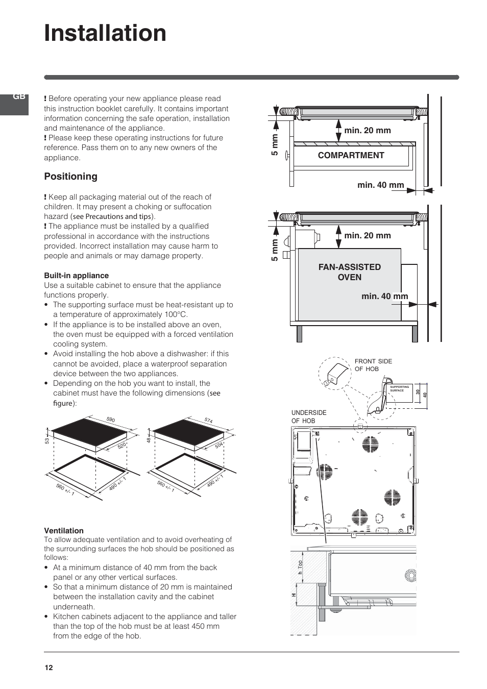 Installation, Positioning | Indesit VIA 640 C User Manual | Page 12 / 84