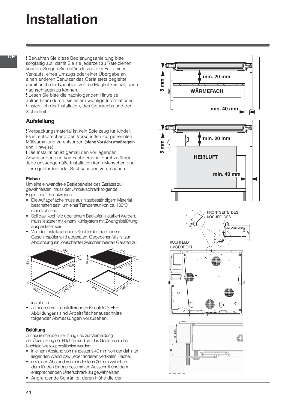 Installation, Aufstellung | Indesit VIA 640 C User Manual | Page 44 / 84