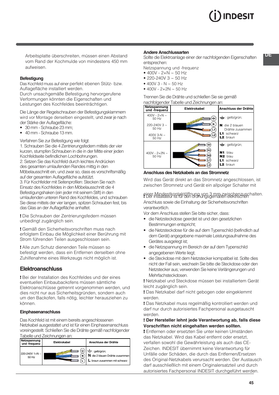 Elektroanschluss | Indesit VIA 640 C User Manual | Page 45 / 84