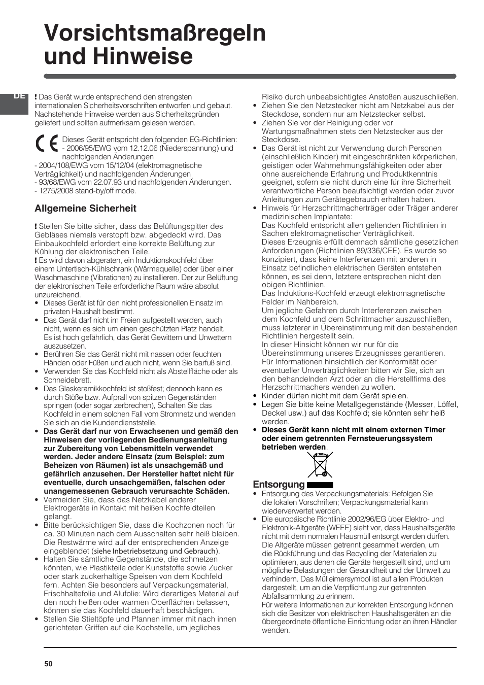 Vorsichtsmaßregeln und hinweise, Allgemeine sicherheit, Entsorgung | Indesit VIA 640 C User Manual | Page 50 / 84