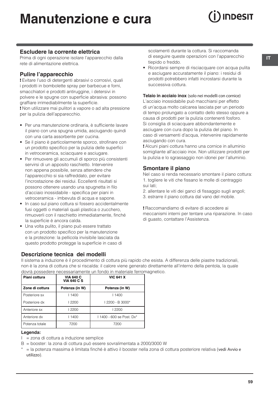 Manutenzione e cura, Escludere la corrente elettrica, Pulire l’apparecchio | Smontare il piano, Descrizione tecnica dei modelli | Indesit VIA 640 C User Manual | Page 59 / 84