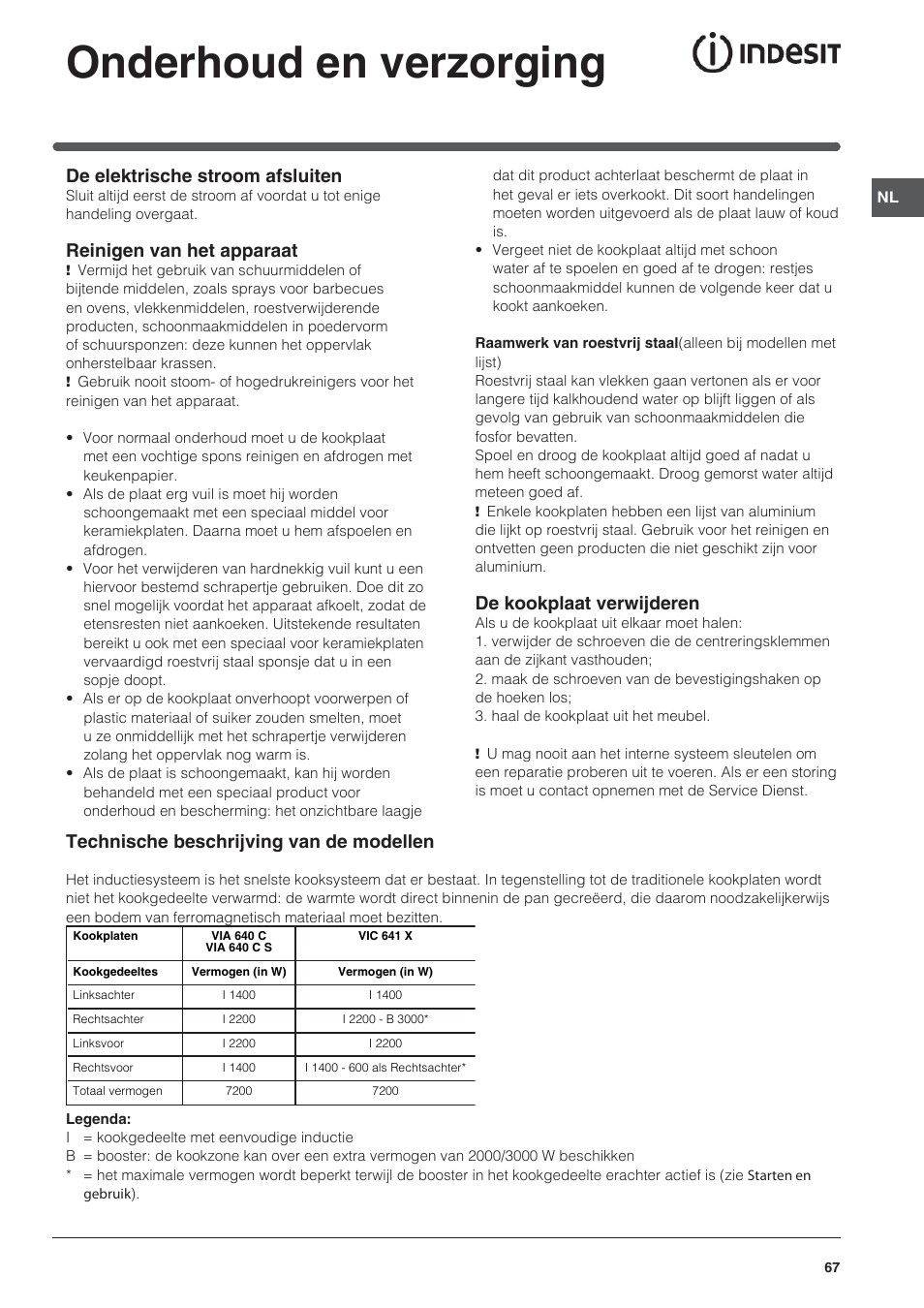 Onderhoud en verzorging, De elektrische stroom afsluiten, Reinigen van het apparaat | De kookplaat verwijderen, Technische beschrijving van de modellen | Indesit VIA 640 C User Manual | Page 67 / 84