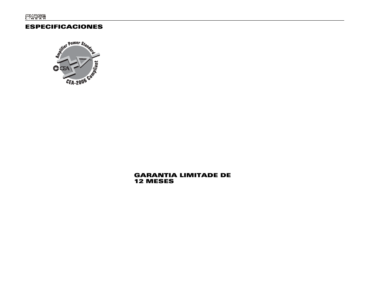 Especificaciones, Garantia limitade de 12 meses | Audiovox Phase Linear UDV7 User Manual | Page 62 / 92