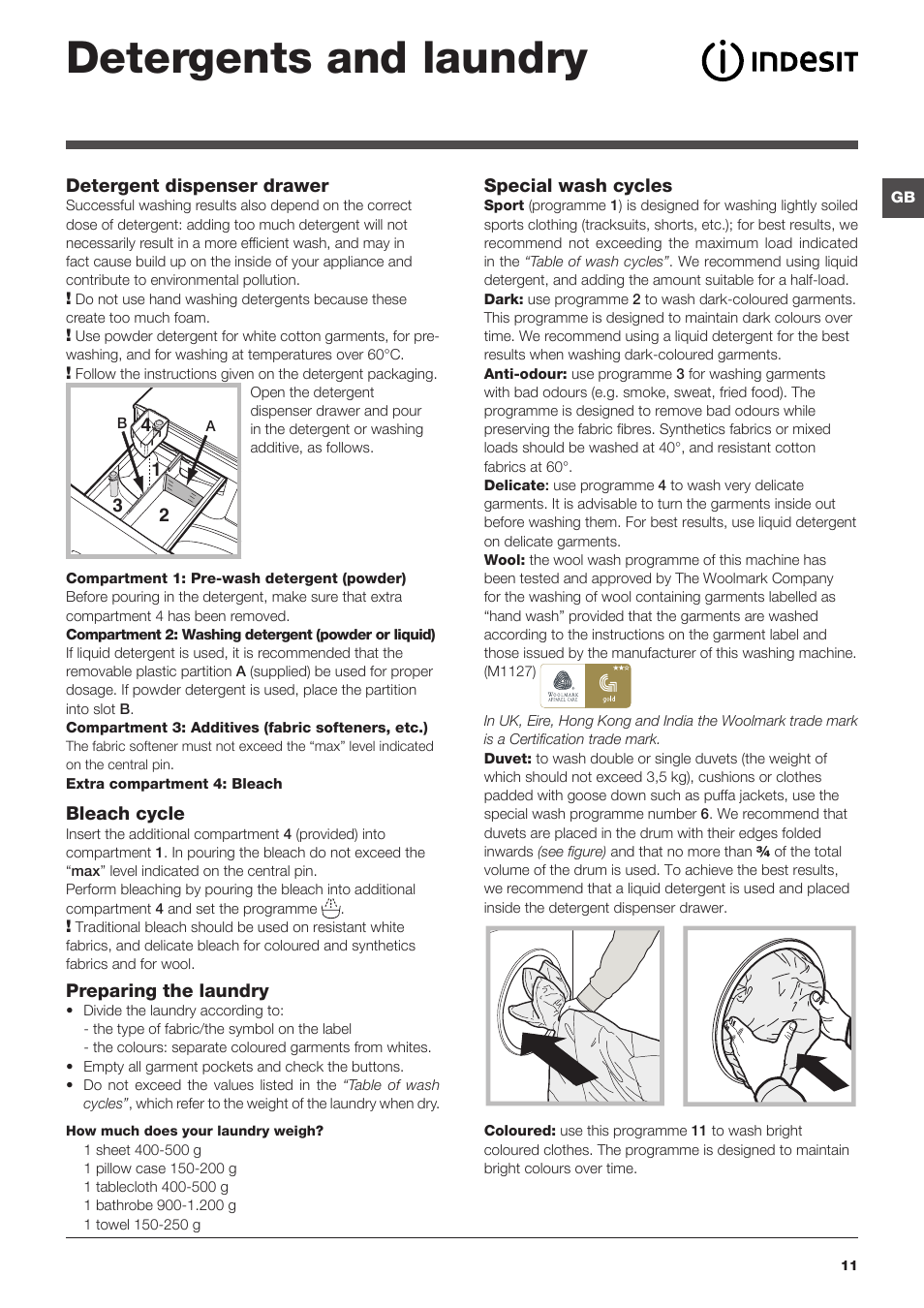 Detergents and laundry | Indesit XWE-91483X-W-EU User Manual | Page 11 / 72