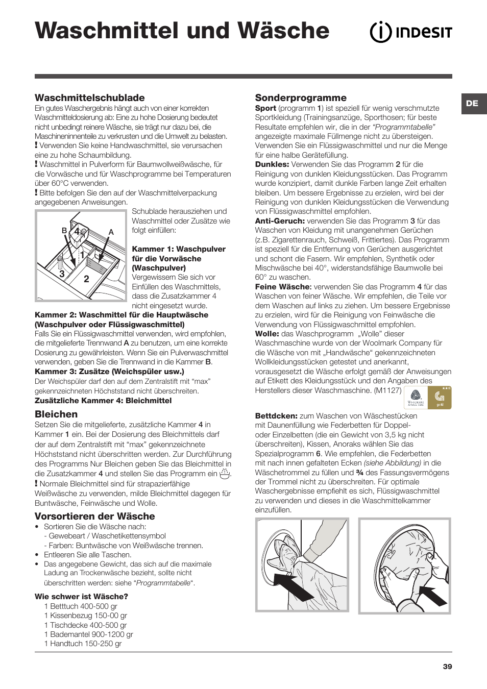 Waschmittel und wäsche | Indesit XWE-91483X-W-EU User Manual | Page 39 / 72
